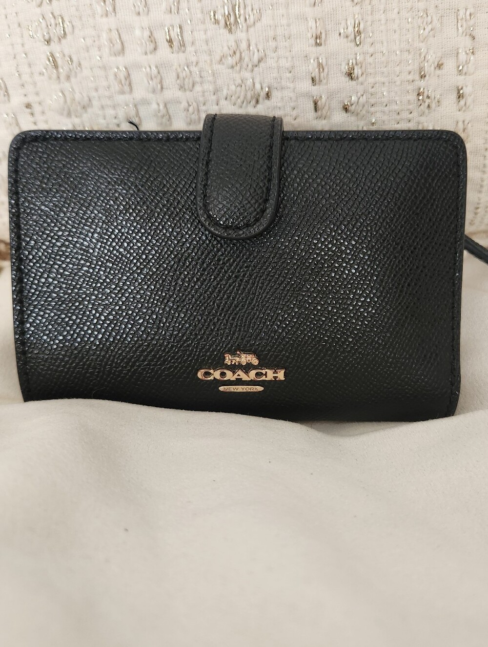 Coach Black Leather Snap Wallet with Gold Logo